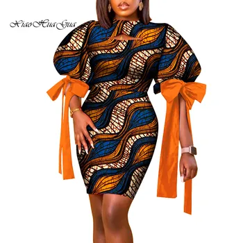 Модное женское африканское платье, Африканская одежда, платье длиной до колен с пышными рукавами, платье с африканским принтом, платье Bazin Riche WY8938