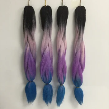 10 Упаковок Четырехцветного Омбре Черный/светло-розовый/Фиолетовый/Синий Гигантские косички для наращивания синтетических волос для чернокожей женщины