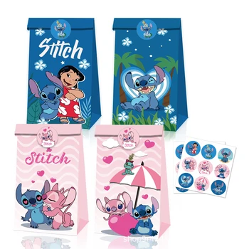 12 шт., Подарочные пакеты Disney Lilo & Stitch, Бумажные пакеты с наклейками, Стежки, Пакеты для упаковки конфет на День рождения, для детского душа, Вечерние принадлежности