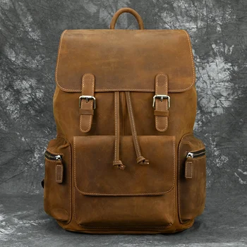 17-дюймовый рюкзак для ноутбука, Винтажный модный Мужской Женский Кожаный рюкзак, дорожная сумка, Мужские Женские Кожаные рюкзаки, школьный рюкзак