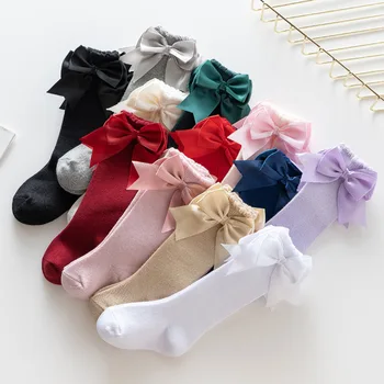 20 пар Однотонных носков для девочек с бантиками из 100% хлопка, Испанские носки для маленьких детей, Длинные Носки для малышей, Носки Принцессы до колена