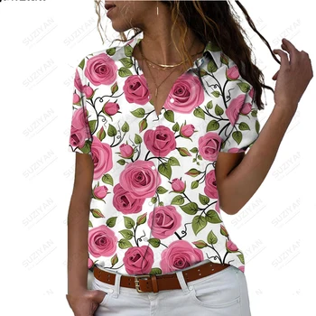 2023 Весенне-осенняя Новая Женская рубашка с коротким рукавом, яркая цветочная пряжка с 3D принтом, воротник Поло, кардиган с коротким рукавом, топ