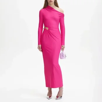 2023 новое женское платье с открытой талией, Асимметричное облегающее модное длинное платье со скошенными плечами