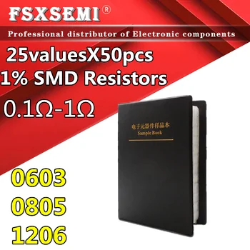 25 Значений X50шт = 1250шт 0603 0805 1206 Набор микросхемных резисторов 0,1 Ом-1 ОМ 1% SMD Резисторов 0,1 R ~ 1R Книга образцов SMT