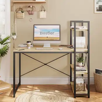 47-дюймовый компьютерный стол с полками для домашнего офиса из светлого дуба