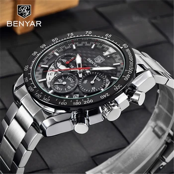 Benyar Design, роскошные мужские кварцевые часы, многофункциональные, водонепроницаемые, из нержавеющей стали, автоматическая таблица временных рядов, Relogio Masculino
