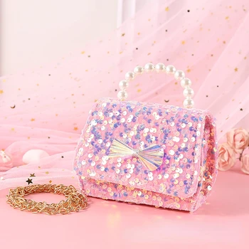Cute Princess Glitter Sequin Bow Knot Trendy Portable Pearl Messenger Chain Bag Crossbody Bags сумочка для девочки Wholesale
