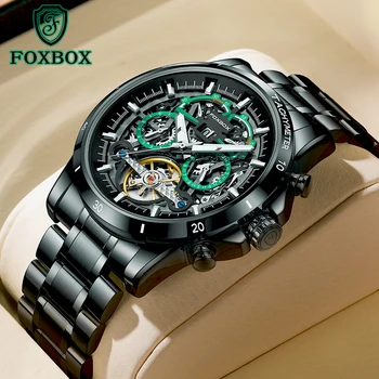FOXBOX, Роскошные автоматические часы для мужчин, механические водонепроницаемые Wateches, Модные полые наручные часы с календарем от ведущего бренда