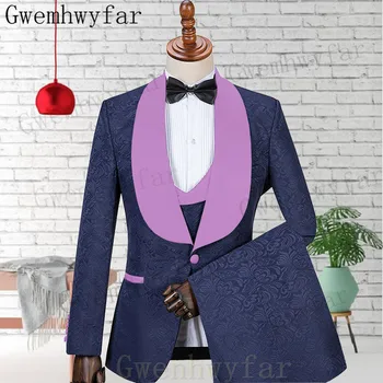Gwenhwyfar Классический Жаккардовый Приталенный мужской костюм с шалью на одной пуговице и отворотом, Повседневный Блейзер для Жениха, 2 шт. (куртка + Брюки + жилет)