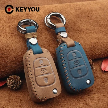 KEYYOU Чехол для ключей из натуральной Кожи с Дистанционным Управлением Для Hyundai I10 I20 I30 IX35 Для Kia K2 K5 Rio Sportage Кнопки Удержания ключей Нового Дизайна