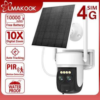 LMAKOOK 4K 8MP 4G Sim-карта с двумя объективами WIFI Солнечная камера Батарея PIR Обнаружение человека Наружная камера видеонаблюдения