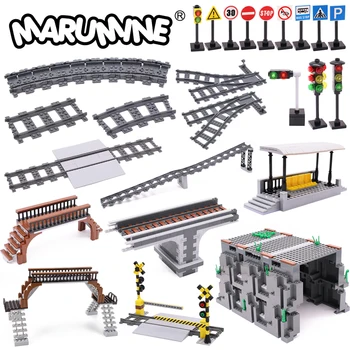 Marumine MOC City Train Railway Build Model Kit Мягкие Изогнутые Прямые Рельсы Светофорный Туннель, Совместимый С 53401 Блоками Кирпичей