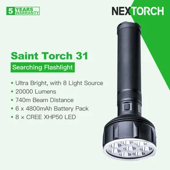 Nextorch Saint Torch 31 Сверхяркий Поисковый фонарик мощностью 20000 Люмен, 8 светодиодных источников, 6 батареек емкостью 4800 мАч, длина луча 740 м