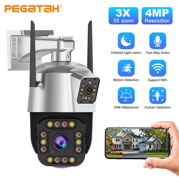 PEGATAH Уличная WIFI PTZ-камера 4MP IP-камера с двумя объективами, отслеживающая человека с искусственным интеллектом, водонепроницаемые камеры видеонаблюдения