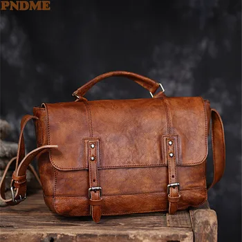 PNDME винтажные высококачественные мужские портфели из натуральной кожи, деловые рабочие сумки из натуральной воловьей кожи, дорожная сумка-мессенджер