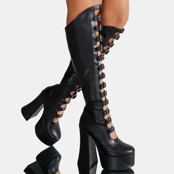 RIBETRINI/ Женские сапоги до колена в стиле панк и готический шик на платформе и высоком каблуке с пряжкой, Дизайнерская обувь для Косплея на Хэллоуин