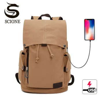 Scione Холщовый Рюкзак Для Путешествий Для ноутбука, Мужские школьные сумки на шнурке с USB-зарядкой, Большой Емкости, Винтажный школьный рюкзак