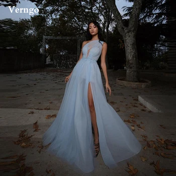 Verngo Элегантные светло-голубые тюлевые длинные платья для выпускного вечера с аппликацией на одно плечо, вечерние платья с разрезом сбоку, женское вечернее платье невесты