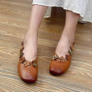 YourSeason / однотонная женская обувь из натуральной кожи; коллекция 2023 года; Летние лаконичные винтажные женские туфли ручной работы на плоской подошве без застежки с круглым носком