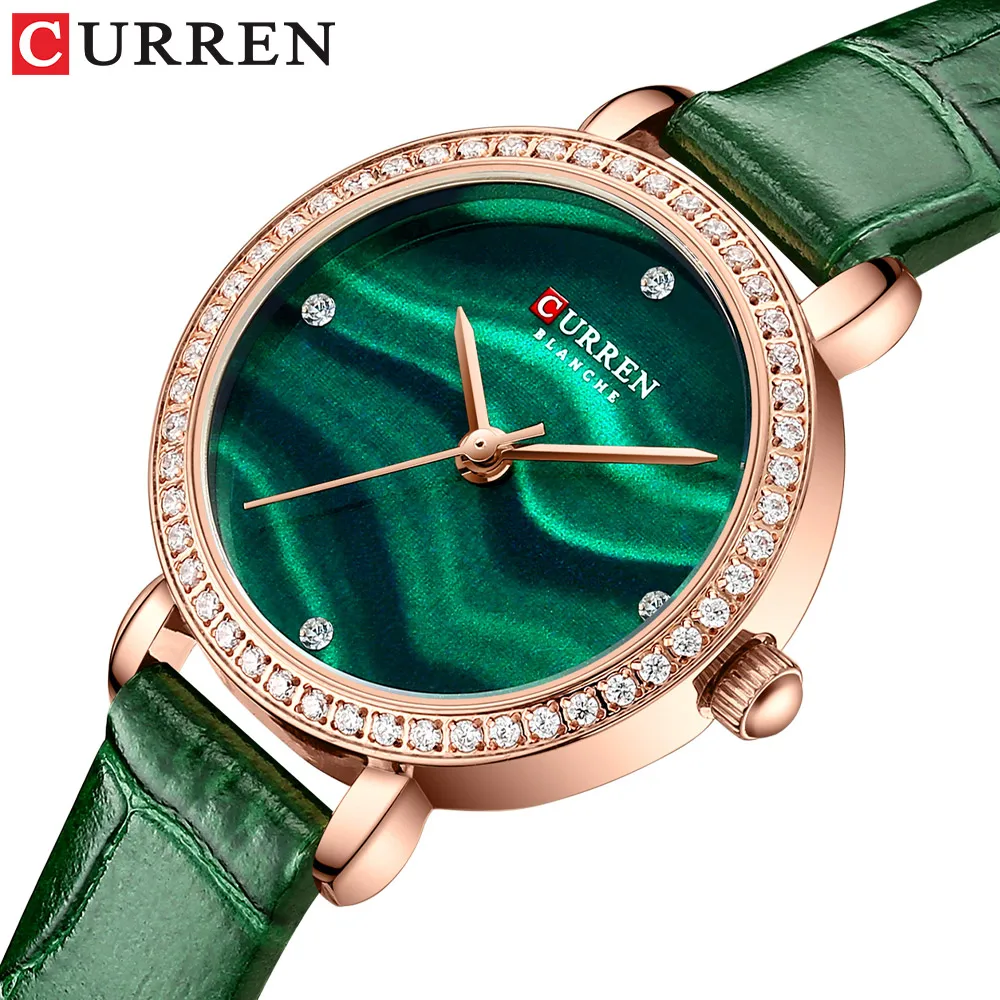 CURREN Модные Зеленые Женские часы 2021 Простые Тонкие Наручные часы для женщин из кварцевой кожи Clcok со стразами