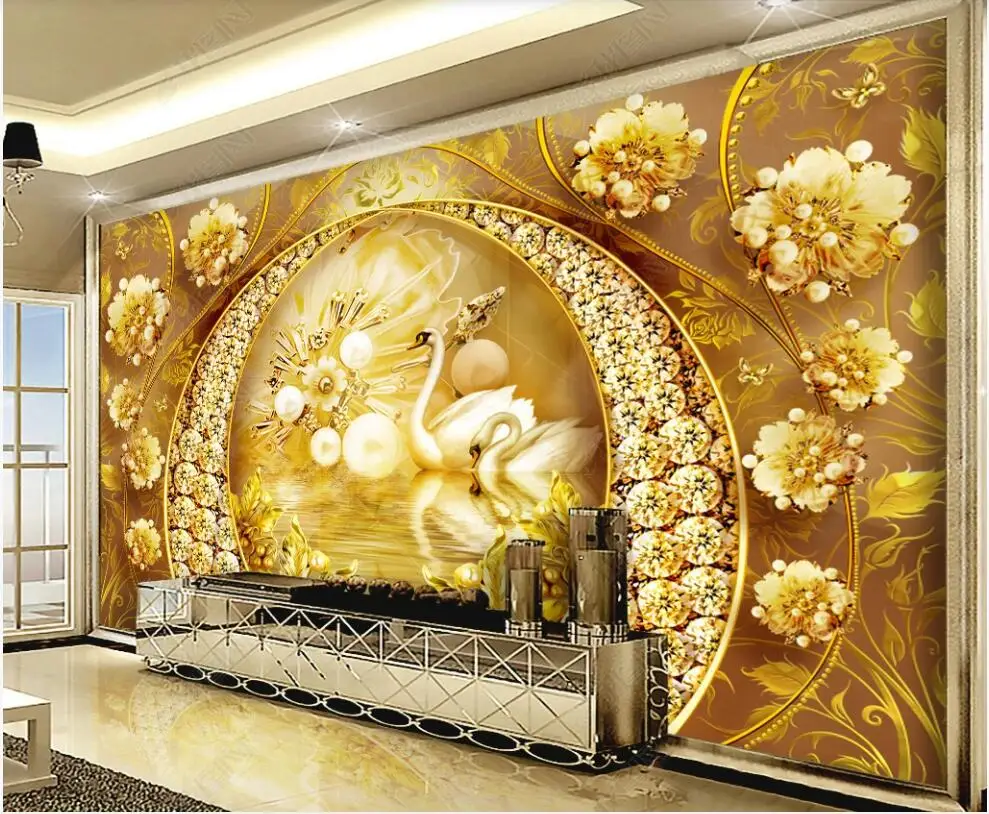 3d обои для стен в рулонах Бриллиантовые золотые ворота Лебединое озеро Ювелирные изделия Цветок Элитные фотообои для гостиной на стену