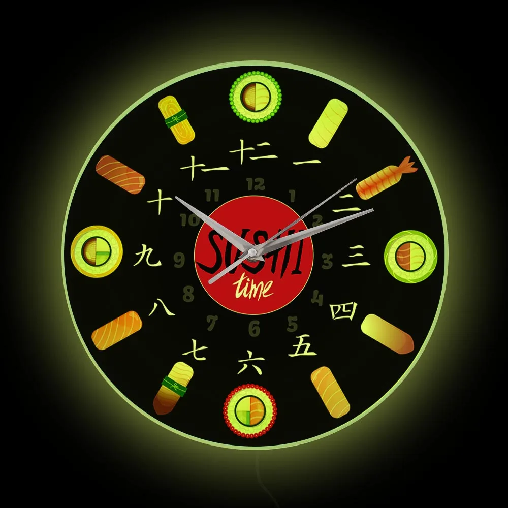 Японские Суши Time Светодиодные Настенные Часы Кухонный Декор Japan Food Lighting Вывеска Бизнес-Дисплей Настенные Часы Для Ресторана Sushiya