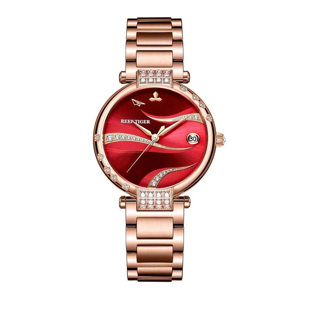 Reef Tiger/RT Красный циферблат из Розового золота Роскошные Модные женские часы с бриллиантами Браслет из нержавеющей стали Автоматический RGA1589