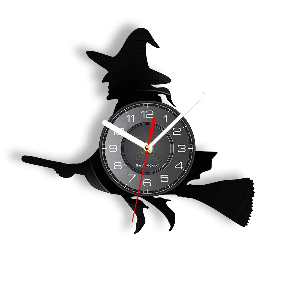 Ведьма на метле на Хэллоуин Настенные часы Happy Halloween Виниловая пластинка Настенные часы Праздничный настенный декор Чародейские часы