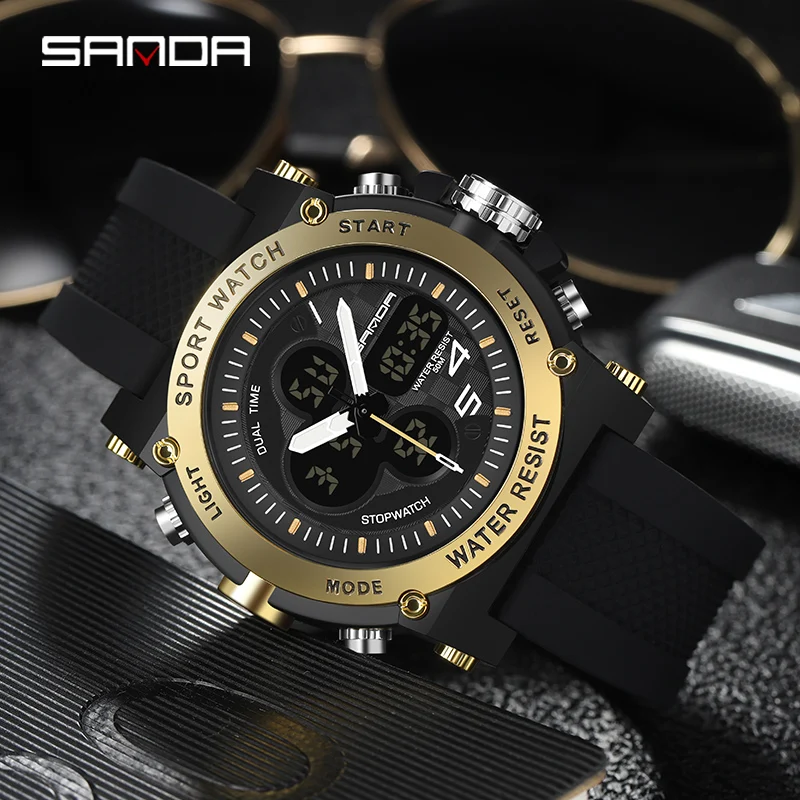 SANDA Fashion Trend Мужские часы с двойным дисплеем Люксовый бренд, Многофункциональный дизайн циферблата, Военные мужские часы, Светящиеся Водонепроницаемые