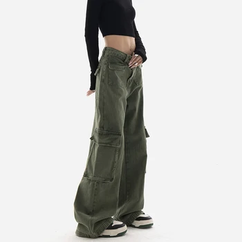 Армейский зеленый комбинезон, Женские Весенние Прямые Свободные Джинсовые брюки в стиле ретро с высокой талией, повседневные брюки, Широкие брюки