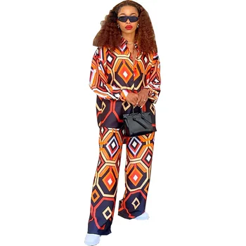 Африканский комплект из двух предметов, блузка в полоску с длинными рукавами, топы и брючные костюмы, Весенне-осенний Женский комплект-футляр в тон