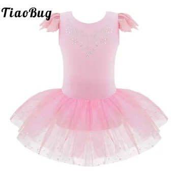 Балетное платье-пачка с рюшами на рукавах Для девочек, Балерина, U-образный гимнастический купальник Со стразами на спине, Розовое балетное платье из тюля