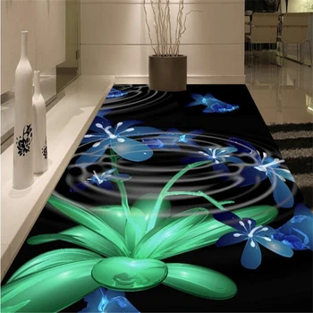 Большой изготовленный на заказ настил BEIBEHANG разместил 3D в гостиной, светящиеся синие цветы носят утолщенное водонепроницаемое украшение пола