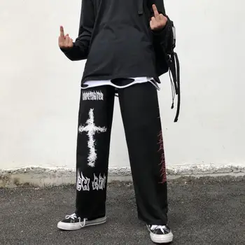 Весенне-осенняя пара Брюк Harajuku Прямые Широкие спортивные брюки Готические брюки с граффити Черные Модные Свободные