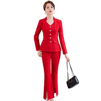 Высококачественный Белый, красный, черный Блейзер, куртка и брючный костюм, брюки 2023, Весенняя женская офисная рабочая одежда, официальный комплект из 2 предметов