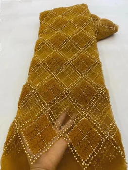 Высококачественный французский золотой цвет Роскошный 3D Тюль Кружево Африканские Пайетки ручной работы Блестки Тюль 5 Ярдов Ткань Вечернее платье Сшить