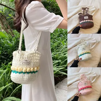 Вязаная крючком сумка на плечо с завязками, милая сумочка в корейском стиле с цветком тюльпана, маленькая сумка-мессенджер для детей