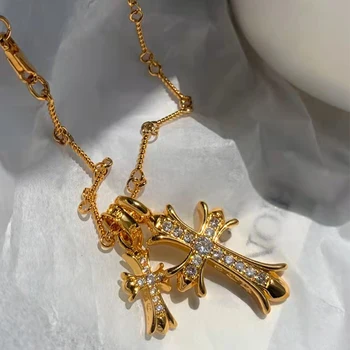 Готическое ожерелье с Двумя Крестами Иисуса, хип-хоп двойные подвески, Винтажные ожерелья с кристаллами, цепочка-ошейник