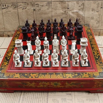 Деревянные Шахматы Китайские Ретро Терракотовые Шахматы Воинов Деревянная Старинная Резьба Шахматный Фигурка из смолы Негабаритная Шахматная Фигура Премиум-класса