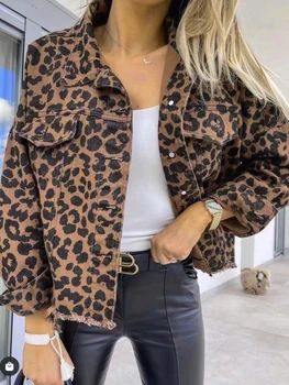 Джинсовая куртка Женская Весна Осень 2023, Модная джинсовая куртка с леопардовым принтом, Женская Свободная Повседневная Однобортная куртка с карманами