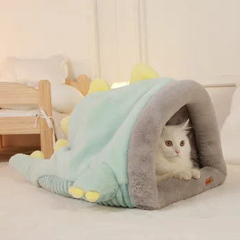 Домашний кошачий домик, кошачья кровать, зимний теплый полузакрытый спальный мешок с динозавром, кошачий неск, утолщающий кошачьи аксессуары, товары для домашних животных