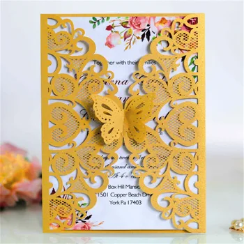 Желтая открытка с изображением щенка бабочки, приглашение в виде сердца, лазерная резка, перламутровая бумага, персонализированный дизайн вставки, 50 шт.