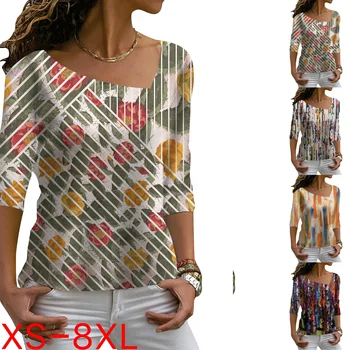 Женская Летняя новинка 2023, Модная футболка с принтом, Винтажные Повседневные Свободные топы с V-образным вырезом