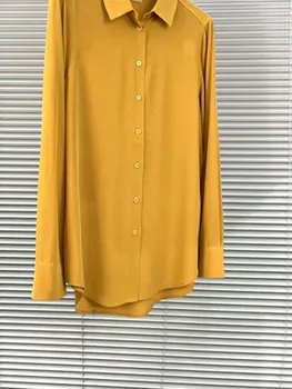 Женская однобортная рубашка из 100% шелка, весенне-желтая летняя женская блузка с отложным воротником, топ, универсальная новинка