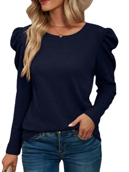 Женская плиссированная футболка с длинным рукавом и круглым вырезом, однотонные вафельные топы