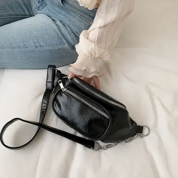 Женская поясная сумка, модный кожаный ремень, нагрудная сумка с цепочкой, поясные сумки для женщин, черная однотонная сумка-банан на двойной молнии, сумка для телефона