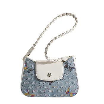 Женская сумка, Новая Парусиновая сумка на одно плечо из плетеной веревки с блестками, Модная укладка в виде бабочки, Седельная сумка подмышками, сумка через плечо