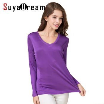 Женская футболка SuyaDream из натурального шелка с длинными рукавами и V-образным вырезом, однотонная базовая рубашка Розового, синего, фиолетового цвета, топ снизу