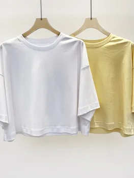 Женская футболка из 100% хлопка с короткими рукавами, Летняя новинка 2023, Круглый вырез, однотонный женский Пуловер, Простые повседневные женские топы