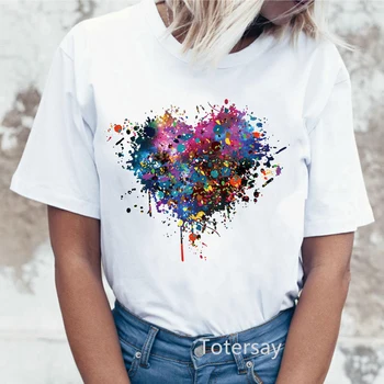 Женская футболка ослепительного цвета с принтом в форме сердца, модная повседневная женская футболка с круглым вырезом 90-х, женская молодая элегантная футболка для девочек, топ